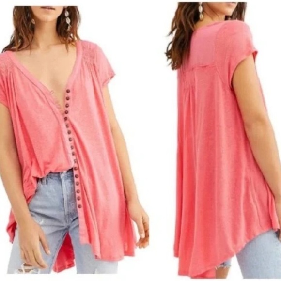 Free People Highland Linen Blend Summer Tee Top Pink Oversized Size Small - Picture 3 of 8